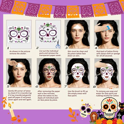 Vista 7 de Tatuajes faciales del Día de los Muertos, paquete de 10 tatuajes faciales temporales de Halloween, tatuaje facial de calavera de azúcar para adultos