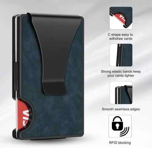 Vista 2 de Cartera táctica para hombre, cartera de metal delgada y minimalista de fibra de carbono, clip de dinero de acero inoxidable, bloqueo RFID, tarjetero
