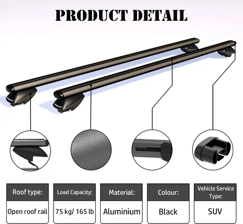 Vista 4 de COWVIE Barras cruzadas de techo de aluminio de 47 pulgadas para carriles laterales elevados, barras de carga ajustables, capacidad de carga de 165