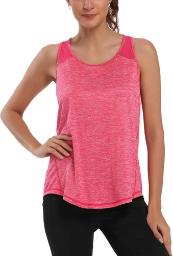 Vista 2 de Aeuui - Camisetas de ejercicio para mujer, con espalda cruzada, sin mangas, camisetas de yoga de malla, para correr, ropa de gimnasio