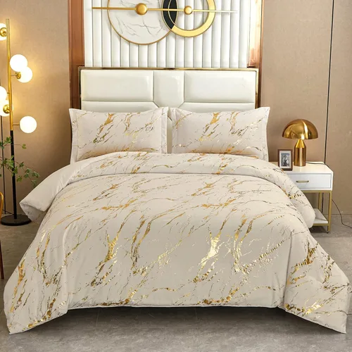 Vista 10 de WONGS BEDDING Juego de edredón de mármol metálico negro dorado Queen con estampado de lámina brillante y purpurina, juegos de ropa de cama con 2