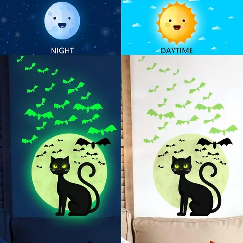 Vista 2 de Calcomanías de pared que brillan en la oscuridad, calcomanías luminosas para ventana, gato, murciélago, ventana, calcomanías brillantes, calcomanías