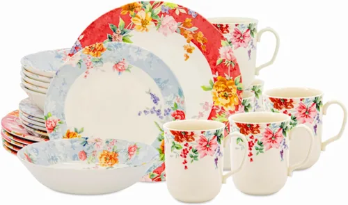 Vista 15 de Tudor Royal - Juego de vajilla redonda de porcelana de 12 piezas, servicio para 4, diseño botánico, flores de verano, platos, cuencos, brillante