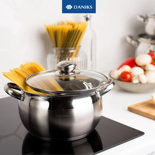 Vista 2 de Daniks Olla clásica de acero inoxidable de 2 cuartos de galón con tapa de vidrio, parte inferior de tres capas para calefacción uniforme, compatible