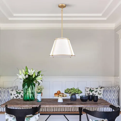 Vista 5 de Lámpara Colgante de Cono con Pantalla de Tambor de Tela con Linterna de Metal de 16 Pulgadas, Candelabros Blancos y Dorados para Cocina, Comedor