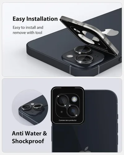 Vista 3 de Protector de lente de cámara de diseño para iPhone 14 Plus/iPhone 14 – Bandeja automática de aleación de aluminio más 9H protector de pantalla