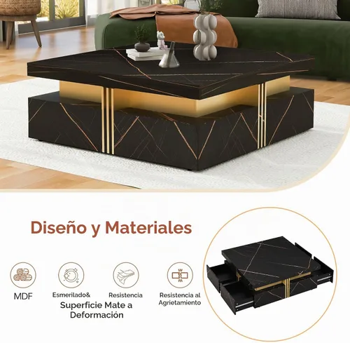 Vista 6 de Mesa de centro cuadrada negra moderna con 4 cajones Negro + dorado