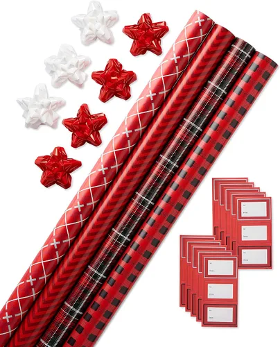 Vista 11 de American Greetings - Papel de regalo navideño, juego de envoltura de regalo de cuadros de búfalo rojo y negro