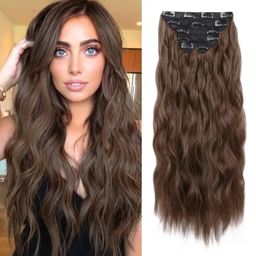 Vista 23 de WECAN Extensión de cabello con clip, de 20 pulgadas, mezcla de rubio ceniza y rubio decolorado, 6 piezas, extensiones de cabello largo ondulado