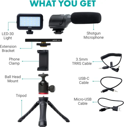 Vista 2 de Movo uVlogger - Kit de vlogging compatible con Android/USB-C Accesorios para smartphones: trípode, montaje, luz LED y micrófono de escopeta