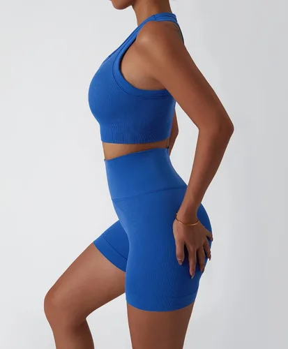 Vista 55 de Conjuntos de entrenamiento para mujer, 2 piezas, sin costuras, acanalada, sin mangas, brasier deportivo, cintura alta, pantalones cortos