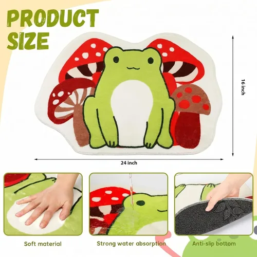 Vista 2 de Timgle Tapete de baño con diseño de rana, 23.6 x 16 pulgadas, antideslizante, absorbente, suave, lavable, grueso, lavable a máquina, tapete de hongo