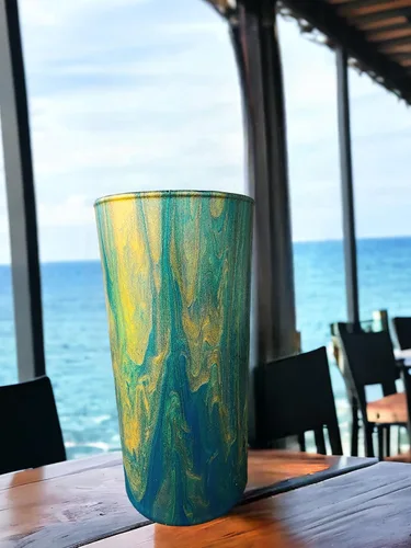 Vista 2 de Enchanting Hand-Pour Painted Glass Cylinder Flower Vase for Home and Office - 7 Inches of One of a Kind Artistry by WanderLost Artz (Gold & Teal)