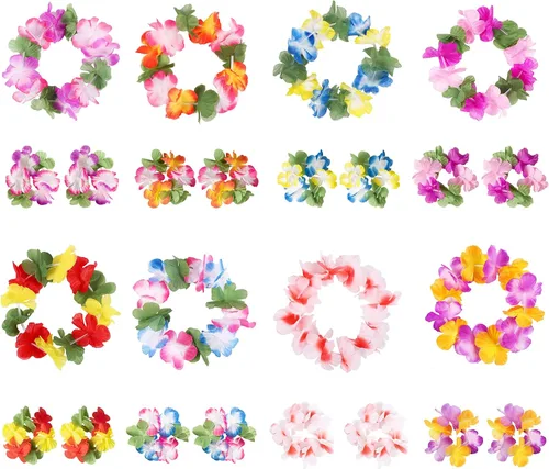 Vista 6 de jollylife 60 collares hawaianos Luau Leis pulseras diademas hibisco flores tropicales Tiki verano piscina fiesta suministros a granel