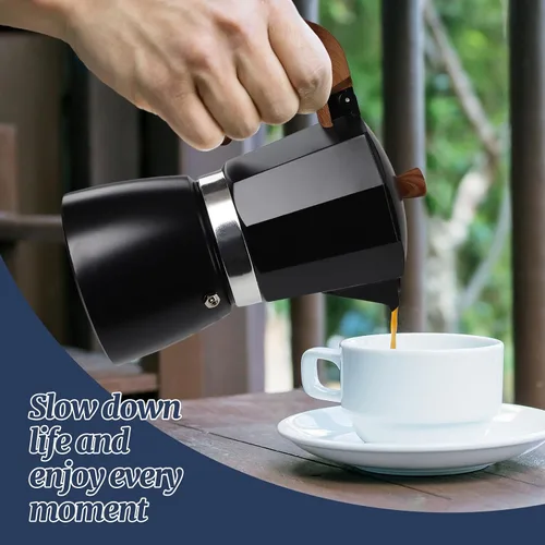 Vista 9 de Moka Pot - Cafetera italiana de aluminio de 15.2 fl oz, cafetera para estufa, cafetera espresso Mocha Pot (negro, 3 tazas)