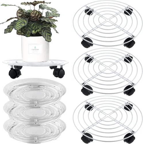 Vista 15 de Paquete de 3 organizadores grandes de metal para plantas con ruedas de 13.8 pulgadas, soporte rodante resistente con ruedas para macetas
