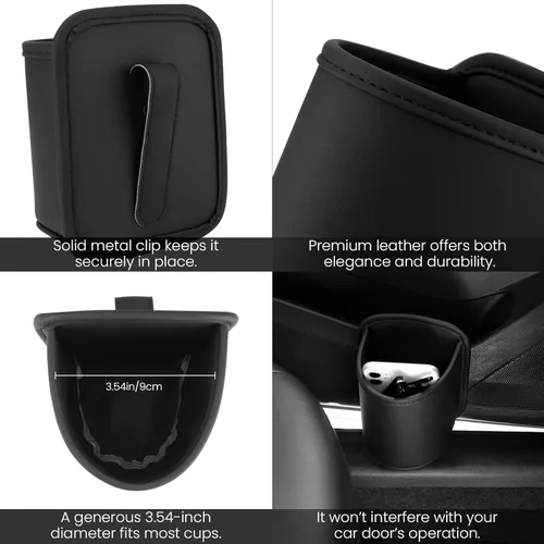Vista 4 de Paquete de 2 portavasos con clip para la puerta del automóvil, organizador de asiento automotriz para bebidas extra, soporte para café, cuero