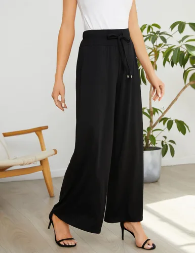 Vista 5 de KOJOOIN Pantalones de pierna ancha para mujer, talla grande, pantalones palazzo con vuelo, cintura alta, elásticos, pantalones largos con cordón