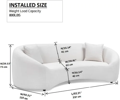 Vista 2 de Sofá curvado de 93.31 pulgadas, sofá de lujo de 3 plazas con 2 almohadas, marco de madera maciza, sofás modernos para sala de estar, apartamento