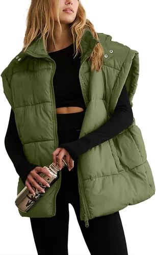 Vista 15 de Shiyifa Chaleco acolchado para mujer, chaqueta de gran tamaño, sin mangas, ligera, con cremallera, con capucha desmontable