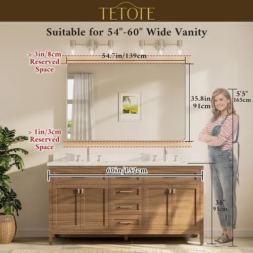 Vista 123 de TETOTE Espejo de marco dorado cepillado de 16 x 24 pulgadas, espejo de tocador de baño de latón dorado para pared, espejo enmarcado rectangular
