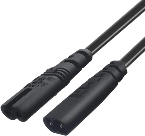 Vista 8 de Cable de alimentación IEC 320 C8 a C7 dual figura 8 macho a doble ángulo recto hembra adaptador 1 en 2 salidas CA, cable de alimentación IEC 320 C8