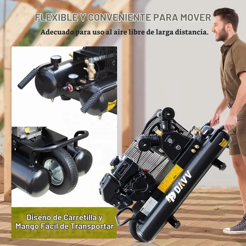 Vista 7 de Compresor de aire a gas de doble tanque de 9 galones, tanque de compresor de aire impulsado por gas de 6.5 HP 12CFM en ruedas, bomba de pistón