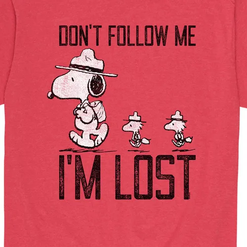Vista 3 de Peanuts Hybrid Apparel Best of Snoopy and Woodstock - Camiseta de manga corta para hombre, No me sigas - Rojo jaspeado