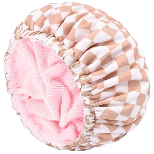 Vista 11 de Gorro de ducha para mujer, gorro de baño negro, reversible, grande, impermeable, ajustable, forro de rizo y banda elástica, dobladillo elástico