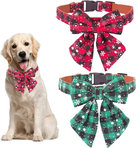 Vista 14 de ADOGGYGO Collar de Navidad para perro con pajarita, collar ajustable con corbatín para perro, collar de Navidad a cuadros rojos y verdes para perros