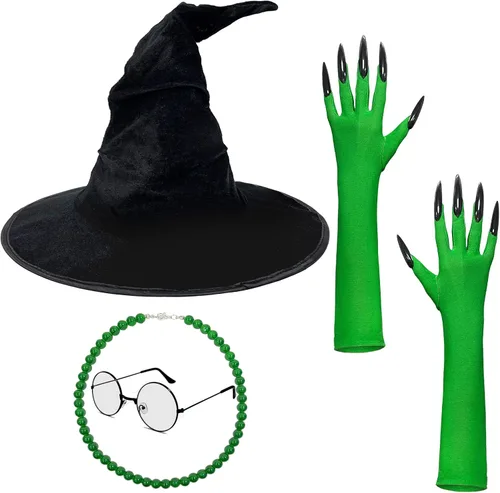 Vista 2 de Sombrero de bruja de Halloween, disfraz de bruja, gafas con guantes para mujer, accesorios de cosplay de película de Halloween, suministros