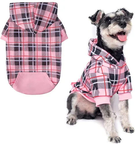 Vista 26 de EXPAWLORER Sudadera con capucha para perro a cuadros, estilo británico, suéter cálido para perro con agujero para correa, ropa de pitbull, ropa