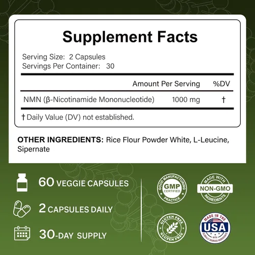 Vista 5 de Suplementos NMN de 1000 mg – 99.9% de pureza probada – Precursor NAD+ – Sin OMG – 60 cápsulas veganas