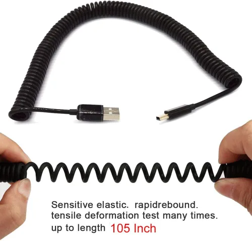 Vista 4 de Cable de expansión USB 2.0 en espiral de 10 a 105 pulgadas, tipo A macho a mini B, cable USB largo en espiral estándar, flexible, largo