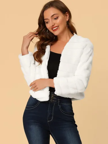 Vista 2 de Allegra K Chaqueta corta cálida de invierno para mujer, abrigo mullido de piel sintética sin cuello