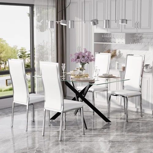 Vista 51 de Juego de mesa de comedor de cristal dorado moderno de 63 pulgadas para 6, juego de mesa de cocina rectangular de 7 piezas con patas de acero Negro