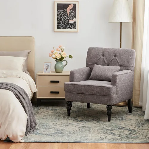 Vista 7 de HUIMO Silla Club Capitoné con Cojín Lumbar, Sillón Tapizado con Botones, Silla de Lectura Decorativa, Sillas de Sofá de Tela de Lino para Gris