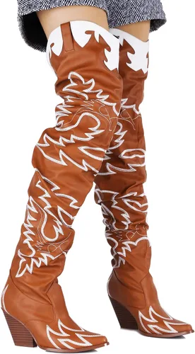 Vista 2 de Cape Robbin - Botas vaqueras para mujer Kelsey-21 botas vaqueras occidentales sobre la rodilla con tacones gruesos en bloque botas de vestir de moda