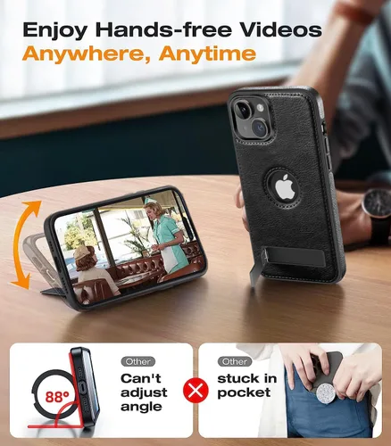 Vista 3 de WTCASE Funda magnética de cuero para iPhone 15, soporte invisible integrado [Compatible con Magsafe] Funda protectora delgada con soporte plegable