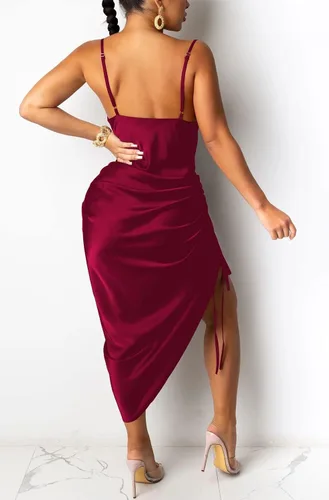 Vista 2 de PRIMODA Vestido midi de satén fruncido con tirantes delgados, espalda descubierta, abertura lateral, con cordón, para fiesta nocturna, club