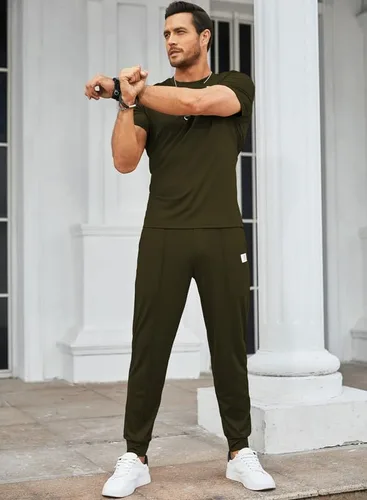 Vista 3 de JMIERR Conjunto deportivo de 2 piezas para hombre, camiseta de manga corta y pantalones deportivos de cintura elástica