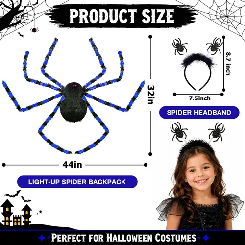 Vista 2 de Garma Light Up Spider Costume for Kids, 60 LED Halloween Spider Backpack Azul y negro