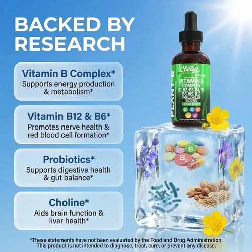 Vista 3 de Gotas Líquidas de Complejo de Vitamina B Tiamina B1, B6, B2, B3, B4, B5, B7 B9, B12, Niacinamida, Paba, Colina Inositol Taurina Probióticos Raíz