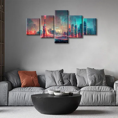 Vista 261 de Cuadros de 5 paneles de Cyberpunk City, arte de pared, representación de vallas publicitarias, edificios modernos en la capital con obras de arte