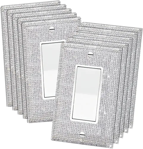 Vista 8 de 4 Piezas Cubiertas de Tomacorriente con Diamantes de Imitación Plateados Brillantes Placa de Pared 1 Gang Toggle Cubierta de Interruptor de Luz