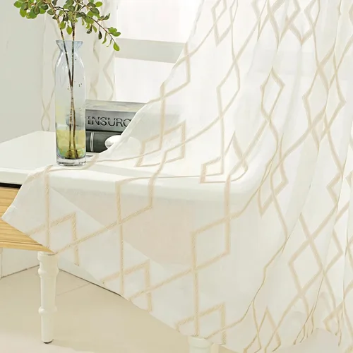 Vista 3 de NAPEARL Cortinas para puerta francesa, patrones geométricos, luz lateral para puerta delantera, lino sintético semitransparente con bolsillo Beige