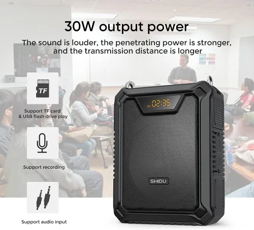 Vista 5 de SHIDU Amplificador de voz de 30 W con micrófono inalámbrico y paquete de 10 fundas de micrófono para auriculares de espuma