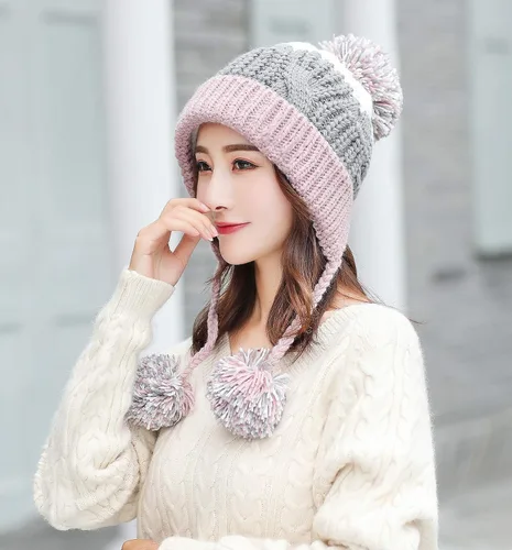 Vista 5 de HUAMULAN - Gorro de invierno para mujer estilo peruano con forro polar, solapas para orejas, doble capa, con pompones
