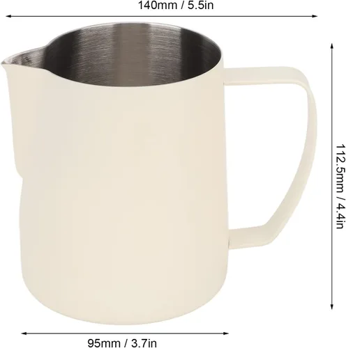 Vista 4 de Jarra de espuma de leche, jarra de vapor de café expreso de leche de acero inoxidable de 24 onzas/23.7 fl oz, herramientas de expreso, arte con Beige