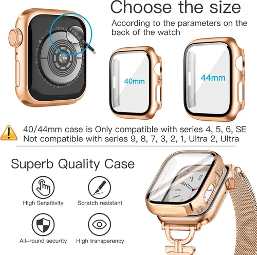 Vista 6 de Correas para Apple Watch para mujer de 1.575 pulgadas con funda protectora de pantalla, cierre magnético de acero inoxidable, correa para Apple Oro